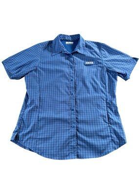 Columbia PFG Blue Plaid Short-Sleeve Button-Down Shirt Women’s Medium